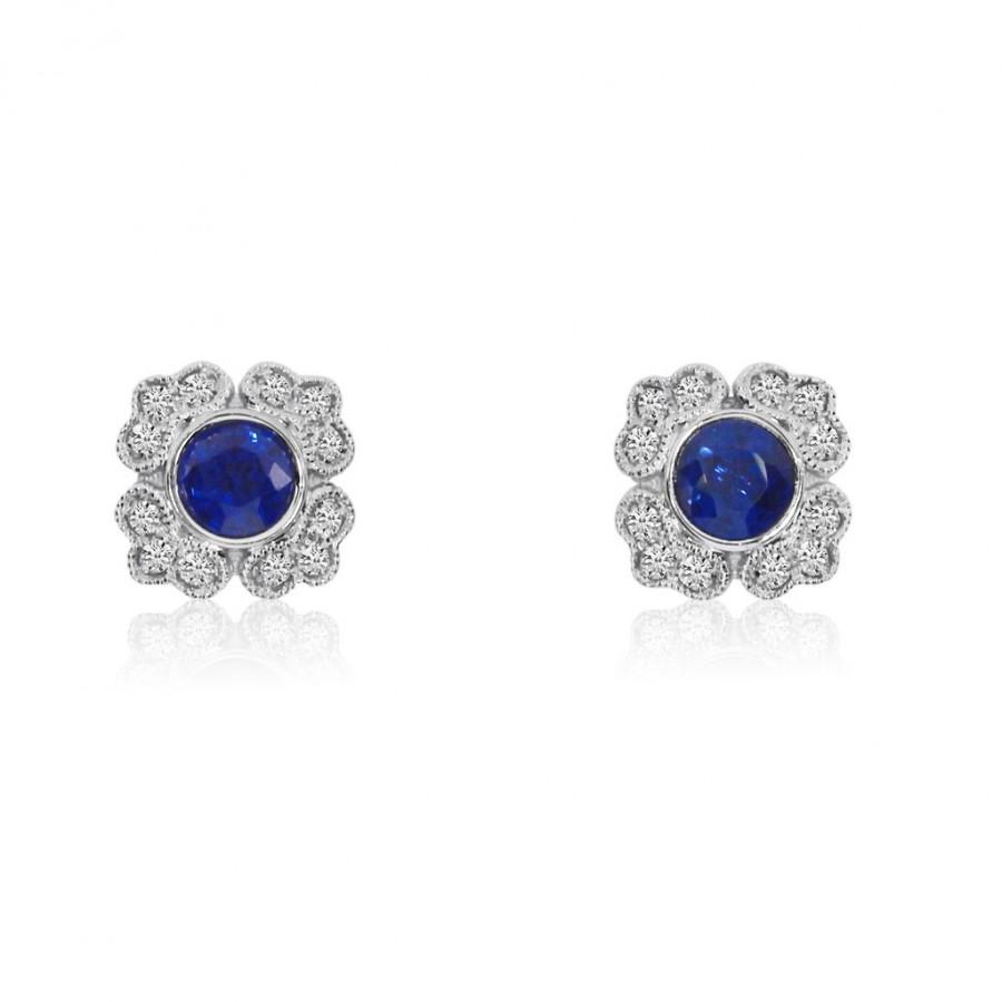 Mariage - Blue Sapphire & Diamond Stud Earrings 14k White Gold Black Friday 2016, Cyber Monday Gifts