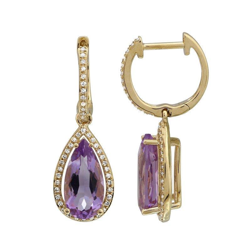 Hochzeit - Pear Amethyst & Diamond Earrings 14k Yellow Gold Anniversary Gifts, Jewelers