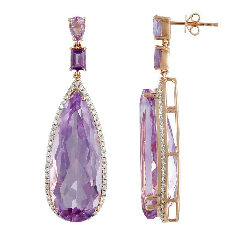 زفاف - 36 Carat Pear Amethyst & Diamond Earrings 14k Rose Gold, Amethyst Birthstone Earrings for Women, Anniversary Gifts