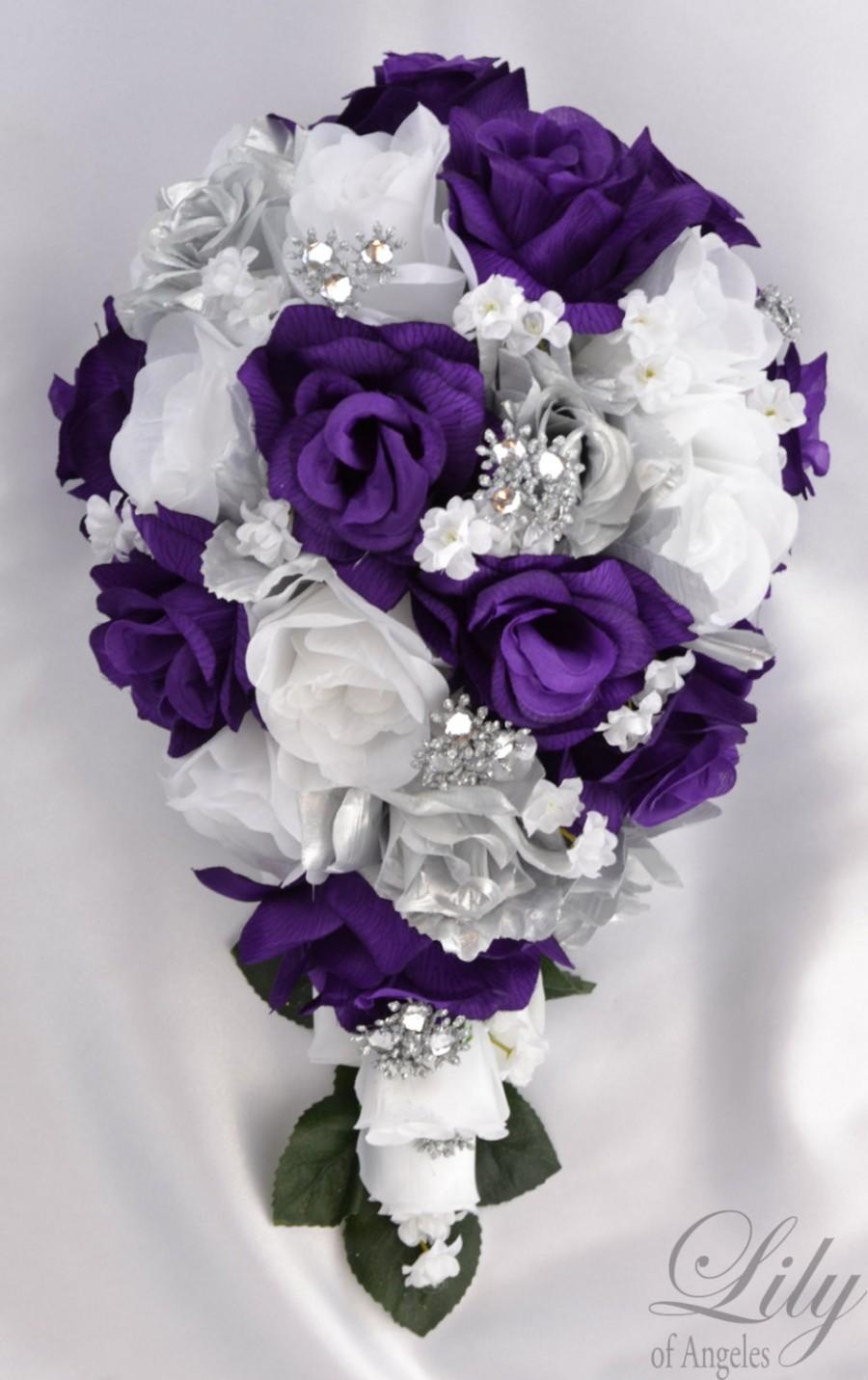 Свадьба - 17 Piece Package Bridal Bouquet Wedding Bouquets Silk Flowers Bride Cascade Teardrop PURPLE SILVER WHITE Jewels "Lily of Angeles" PUSI01