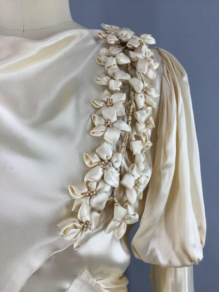 Hochzeit - Vintage 1930s Bias Cut Ivory Satin Bridal Gown Wedding Dress