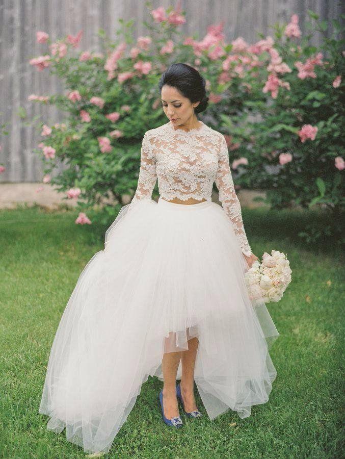 Hochzeit - High Low Lace Wedding Dress High Neck Long Sleeves Tulle Layer Two Piece