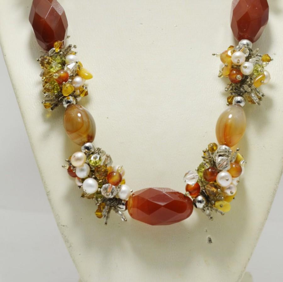 زفاف - Faceted Big Bead Multicolour Gemstone Statement Necklace; Cornelian, Perl Holiday Beaded Necklace; Fashion Wirework Necklace, Gift for Her