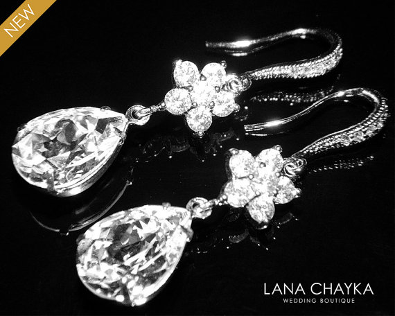 زفاف - Crystal Chandelier CZ Bridal Earrings Swarovski Rhinestone Teardrop Earrings Wedding Earrings Bridal Jewelry Crystal Silver Dangle Earrings