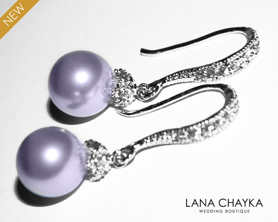Mariage - Lavender Pearl Drop Earrings Light Violet Pearl Small Earrings Swarovski 8mm Pearl Sterling Silver CZ Wedding Earrings Lavender Jewelry