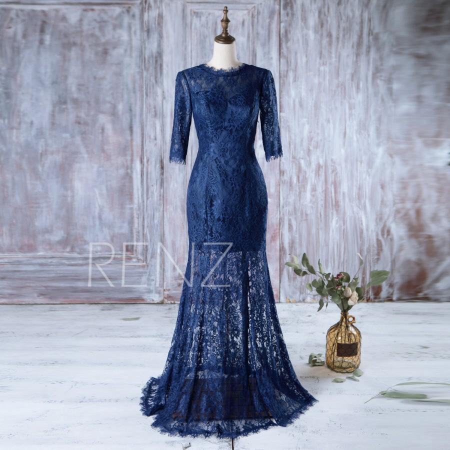 زفاف - 2016 Navy Blue Bridesmaid Dress with 3/4 Quarter Sleeves, Long Wedding Dress with Slit, Lace Prom Dress, Mother Of Bride MOB Dress (HL143)
