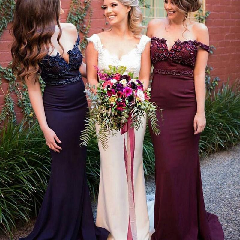 dresses bridesmaid shoulder mermaid burgundy maroon navy bridesmaids train formal elegant beading fabulous sweep maid guest lace prom evening gowns
