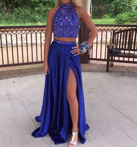 Wedding - Stylish 2 Piece Royal Blue Split Prom Dress with Beading from Tidetell