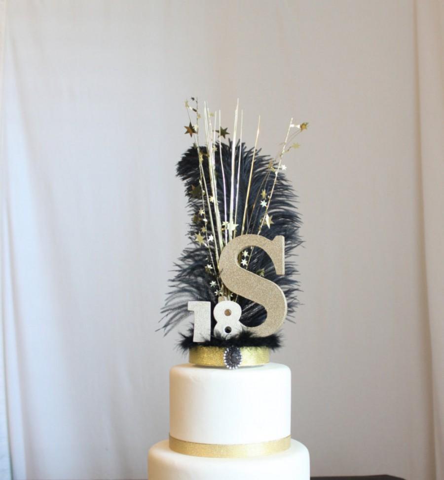 Hochzeit - Gatsby black and gold Initial or Letter and Number feather cake topper, Ostrich Feather, Roaring 20s, overthetopcaketopper