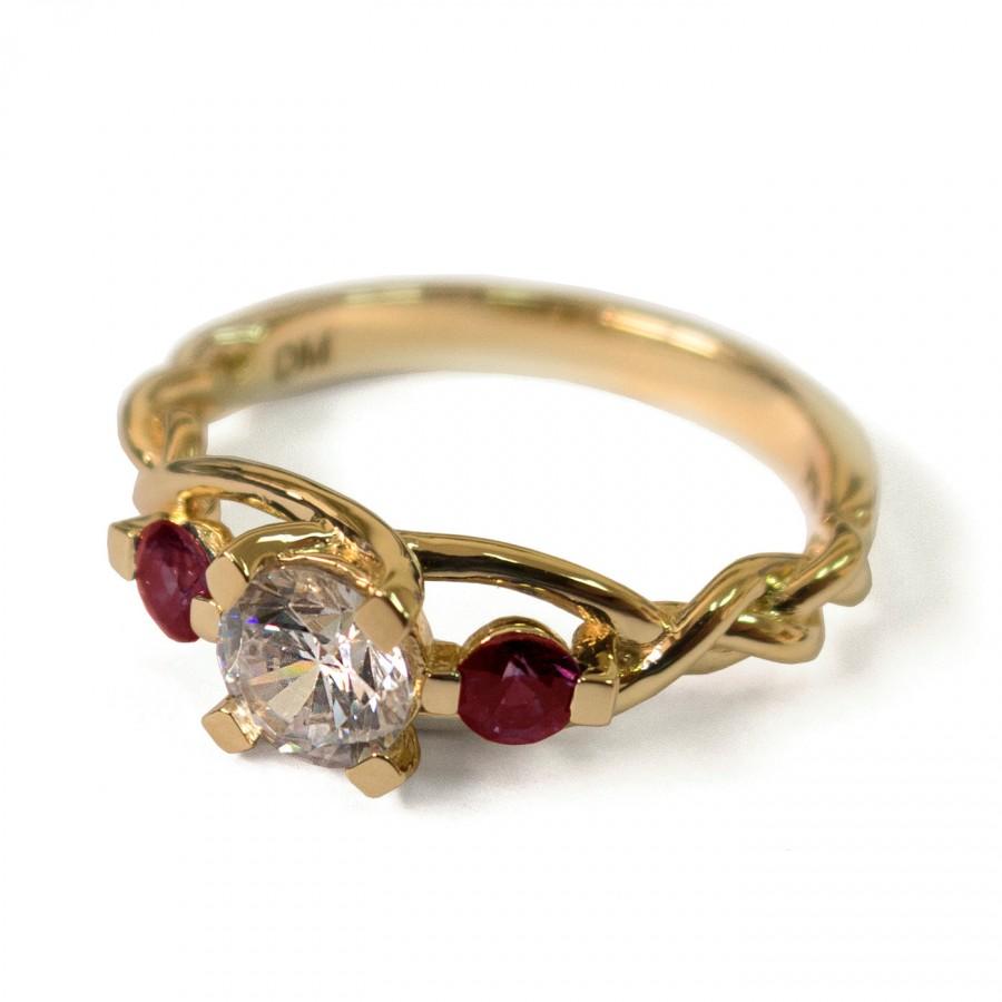 Hochzeit - Braided Engagement Ring - Moissanite and Rubies engagement ring, yellow gold Moissanite ring, engagement ring,celtic ring,three stone ring,7