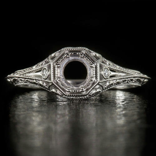 Hochzeit - Round 14K White Gold Estate Art Deco Setting Filigree Milgrain Vintage Antique Engagement Ring Mount Handcrafted 4.5 mm 7499