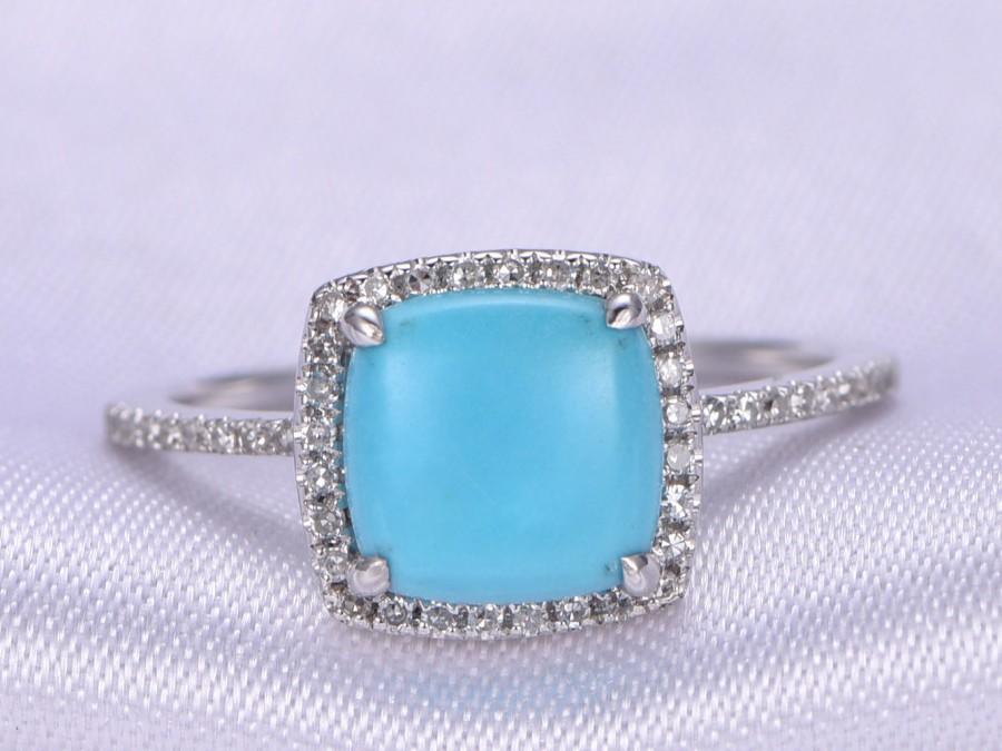 Hochzeit - Sleeping Beauty Turquoise Ring,8mm Cushion Cut Turquoise Engagement ring,14k White gold,Diamond Wedding Band,Bridal Ring,Blue Gemstone Ring