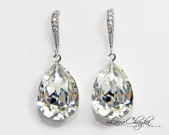 Wedding - Wedding Crystal Teardrop Earrings Swarovski Rhinestone Silver Cz Bridal Dangle Earrings Sparkly Wedding Earrings Bridesmaid Crystal Jewelry