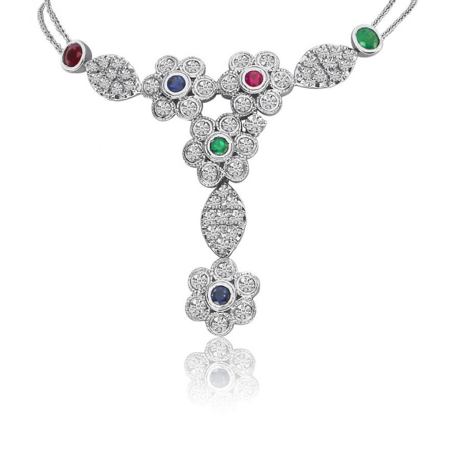Wedding - Emerald, Ruby, Sapphire & Diamond Floral Necklace