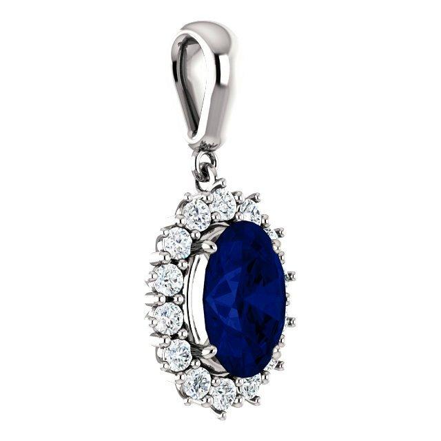 زفاف - 9x7mm Oval Blue Sapphire & Diamond Necklace, Sapphire Necklaces for Women