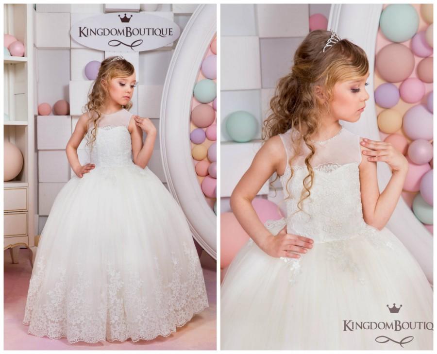 Hochzeit - Ivory Flower Girl Dress -  Birthday Wedding Party Holiday Bridesmaid Flower Girl Ivory Tulle Lace Dress