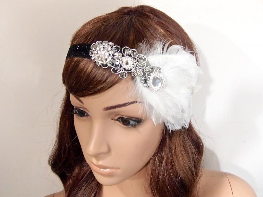 Hochzeit - Great Gatsby Dress Headpiece 1920s Flapper Headband headbands for 1920s dresses White feather Vintage Glitter Ribbon