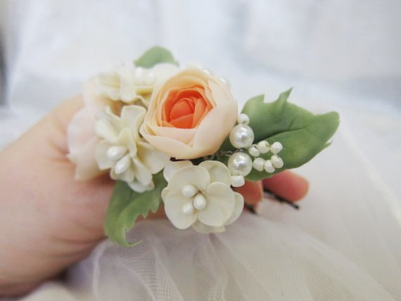 زفاف - English rose, bridal hair pin, bridal pearl pin, bridal flower pin, wedding hair pin, sakura ivory, cold porcelain, peach rose, bridal pearl