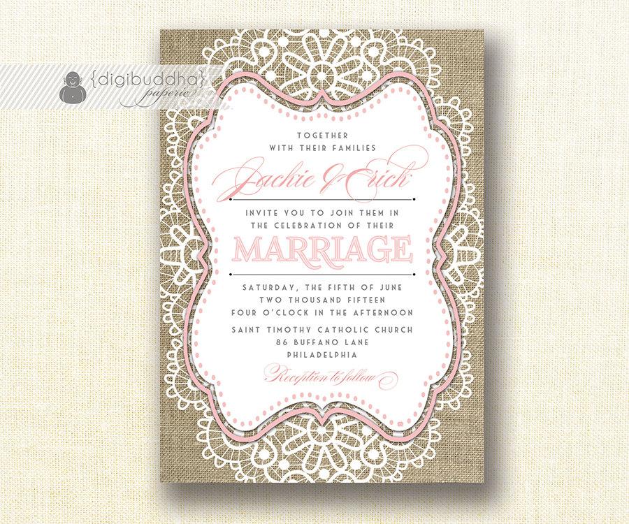 Mariage - Lace Burlap Wedding Invitation Shabby Chic Blush Pink Rustic Doily Linen 5x7" Printable DIY Digital or Printed - Jackie Style