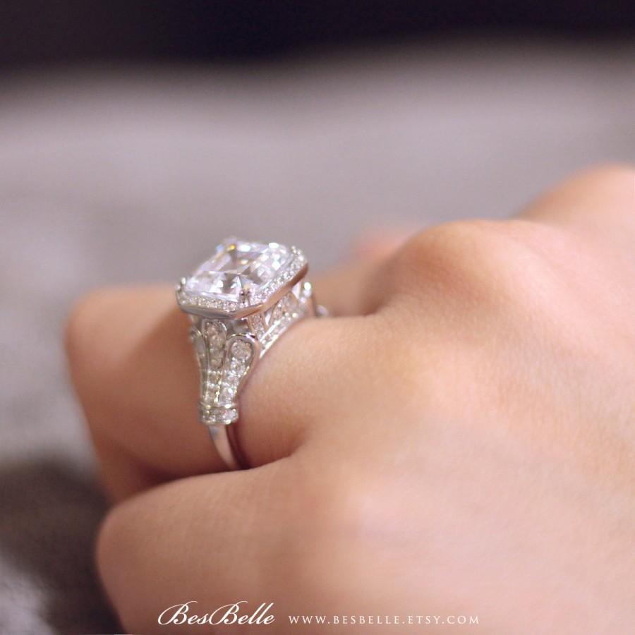 زفاف - 5.25 ct.tw Halo Engagement Ring-Asscher Cut Diamond Simulant-Art Deco Vintage Ring-Bridal Ring-Anniversary Ring-Solid Sterling Silver [1351]