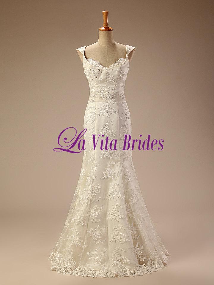 Hochzeit - Cap sleeves lace tulle wedding dress with low back