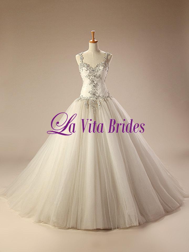 Wedding - Silver lace drop waist wedding gown with tulle ball gown skirt and pleated bodice