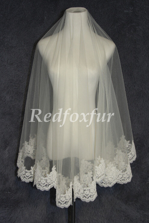زفاف - White or ivory Bridal Veil 1T Lace edge veil Alencon lace veil 1.5m Chapel veil Wedding dress veil Wedding Accessories No comb