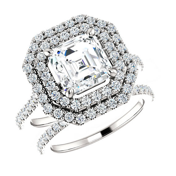 زفاف - 6.5mm (1.25 ct)Asscher Forever One Moissanite & (0.91 ct) Diamond Bridal Set, Wedding Sets for Women, Moissanite Engagement Rings For Sale