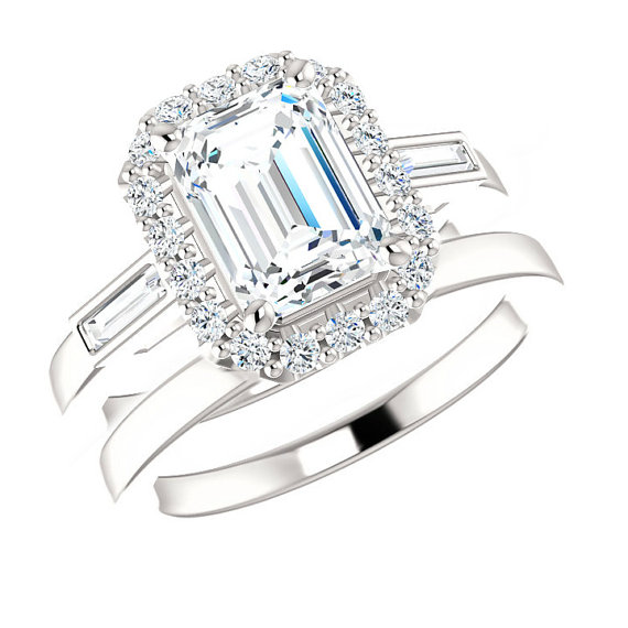 Mariage - 1.50 ct Emerald Forever Brilliant Moissanite & Diamond Engagement Wedding Set 14k, 18k or Platinum, Moissanite Sets for Women, Bridal Sets