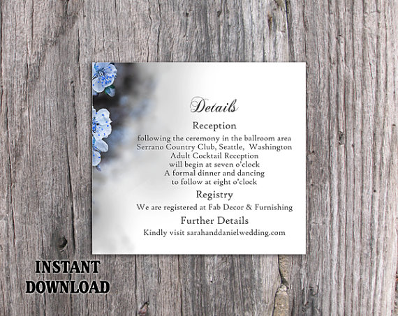 Wedding - DIY Wedding Details Card Template Editable Word File Instant Download Printable Details Card Blue Details Card Floral Enclosure Cards