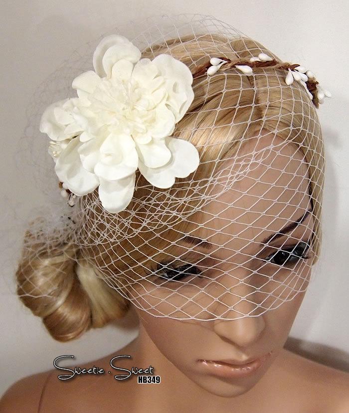 Hochzeit - Woodland wreath, Bridal Veil, Wedding Veil, Face Veil, Birdcage Veil, mini veil, Blusher veil, lace Flower Fascinator, Head piece