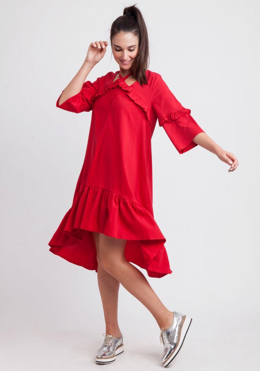 زفاف - Helter top dress, cherry red, party oversized dress, short sleeves, ruffled dress, loose fit dress, low waist dress, 3/4 sleeves, bridesmaid