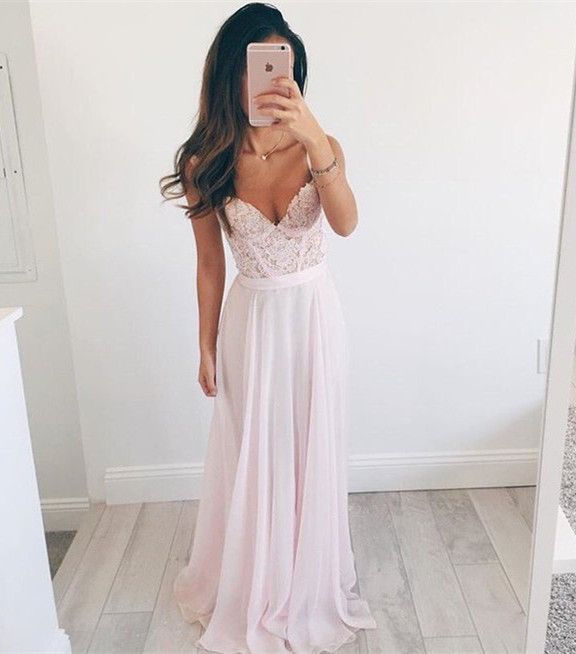 زفاف - Prom Dresses,Pink Long Prom Dress,Elegant A-line Prom Dress,V-neck Long Chiffon Evening Dress