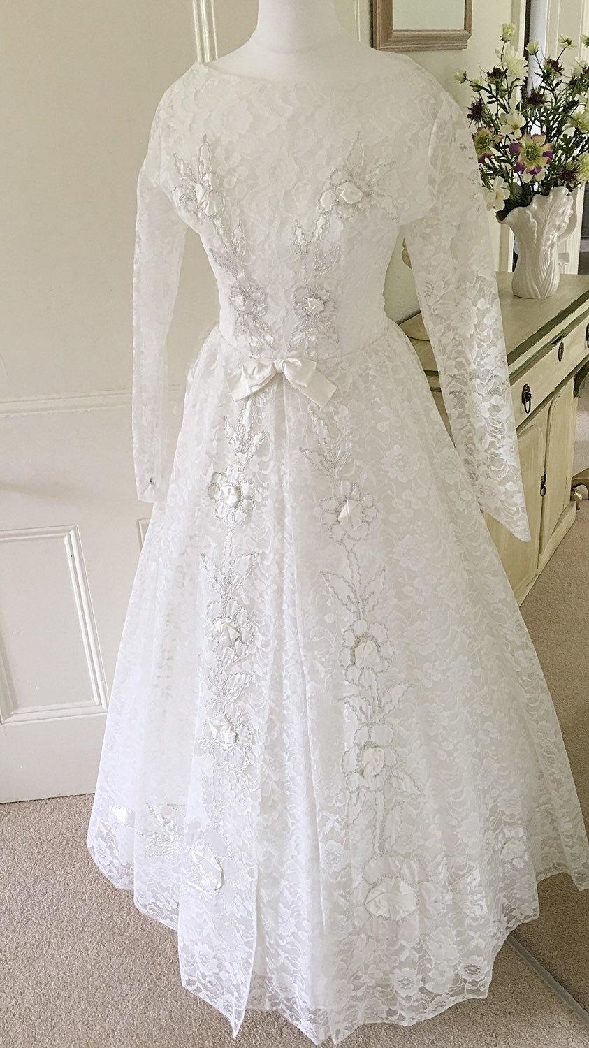 Mariage - Vintage Lace 1960s Wedding Dress White Silver Roses