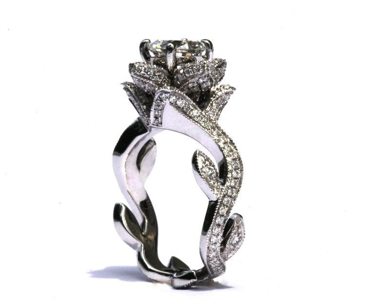 Wedding - Certified - BLOOMING Work Of Art - Flower Rose Lotus leaf - Vine - Diamond Engagement Ring - Beauty - 14K white gold  - fL07 Patented design