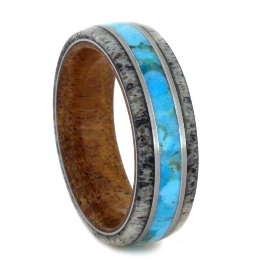 Deer Antler And Turquoise Ring Mesquite Wood Wedding Band With