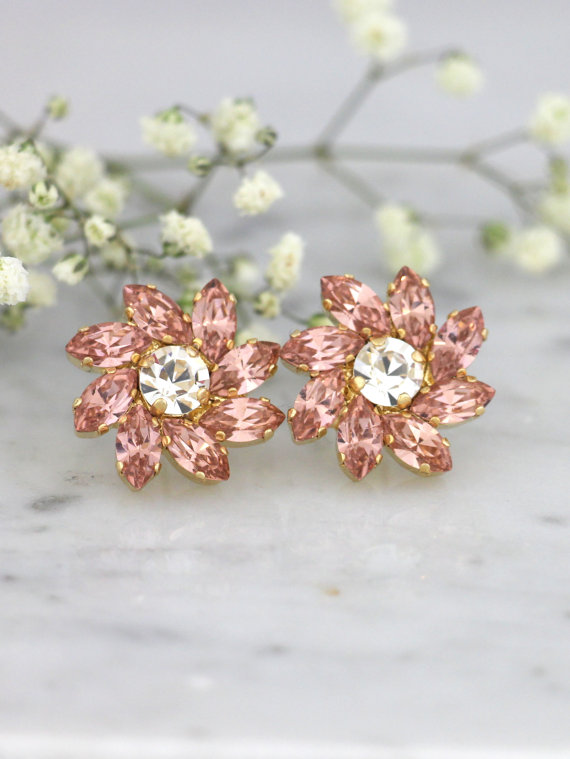 Hochzeit - Blush Earrings, Blush Cluster Earrings, Bridal Blush Earrings, Swarovski Blush Earrings, Bridesmaids Earrings, Dusty Pink Bridal Earrings.