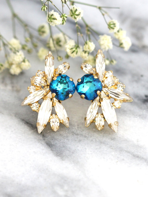 زفاف - Teal Blue Earrings, Swarovski Crystal Earrings, Horizon Blue Earrings, Bridal Cluster Earrings,Gift For Her, Bridesmaids Earrings,Blue Studs