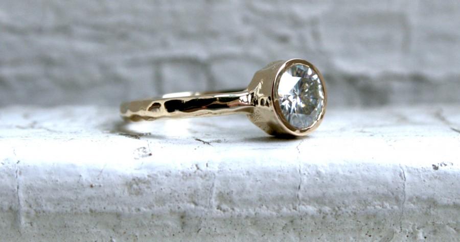 Wedding - Hammered 14K Yellow Gold Moissanite Solitaire Engagement Ring Wedding Ring.