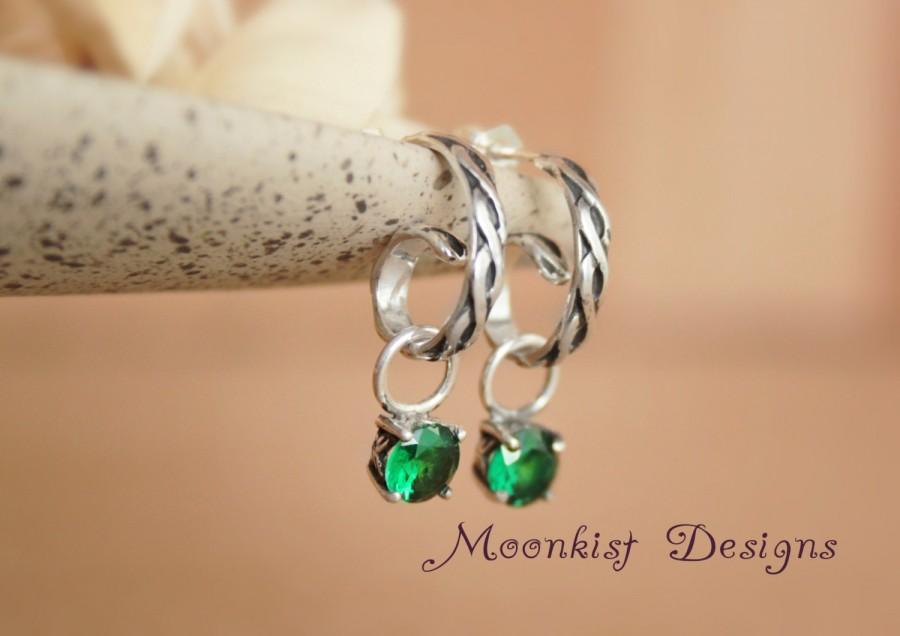 Hochzeit - Sterling Silver Hoop Dangle Emerald Green Spinel Earrings - Spiral Celtic Hoop Earrings - Coordinated Wedding Jewelry - Bridesmaid Earrings