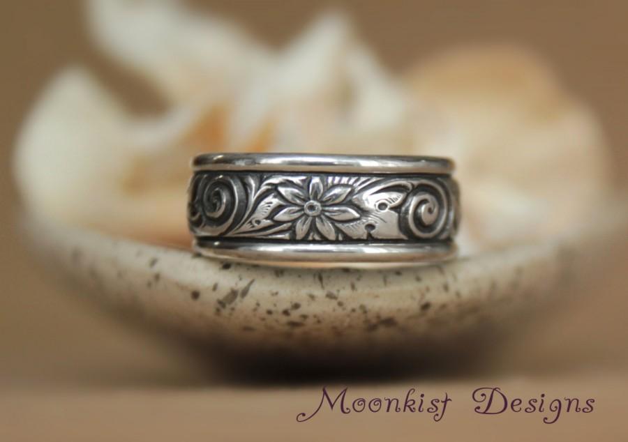 Wedding - Wide Spiral and Flower Wedding Band with Accent Bands Sterling - Silver Flower Pattern Band Promise Ring - Spiral Anniversary Band