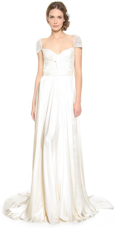 Wedding - Reem Acra Twist Front Gown with Jeweled Sleeves