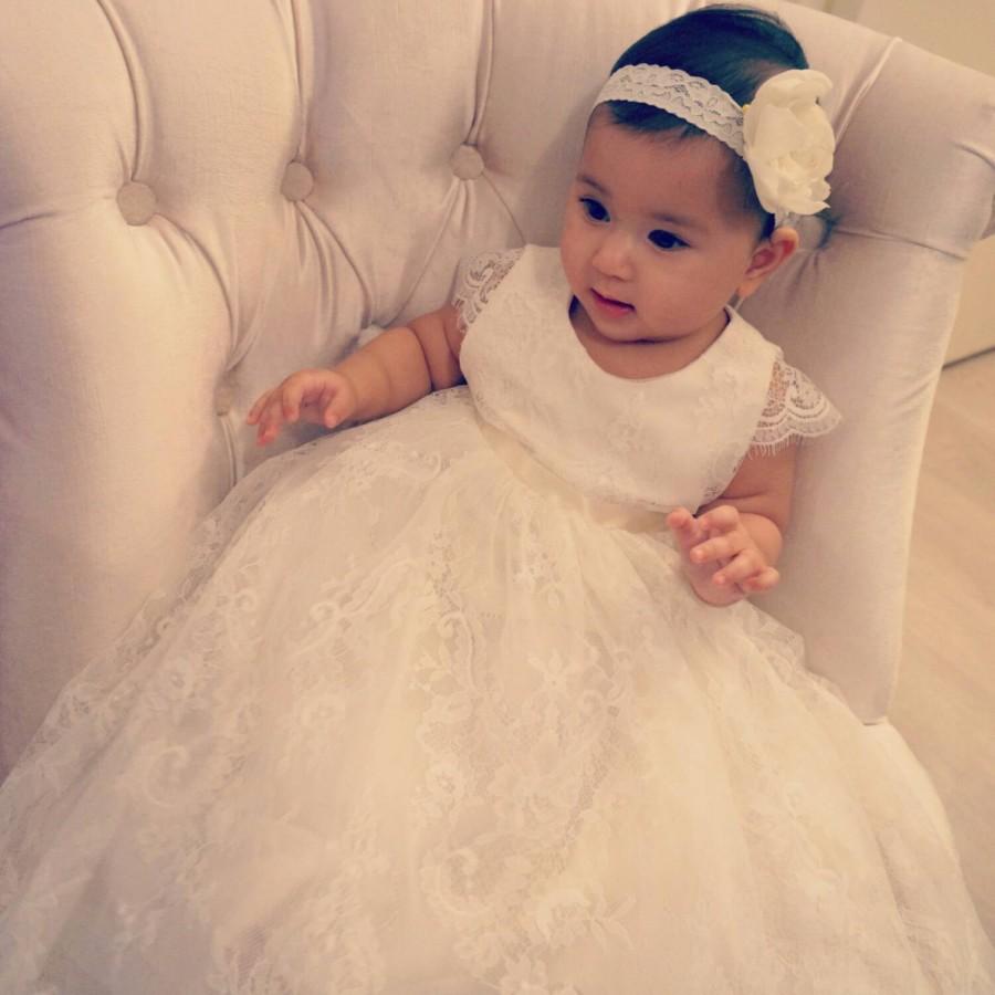 Wedding - Elmira baby girl Lace long heirloom ivory christening baptism communal gown dress with cap sleeves and scallop hem and tulle