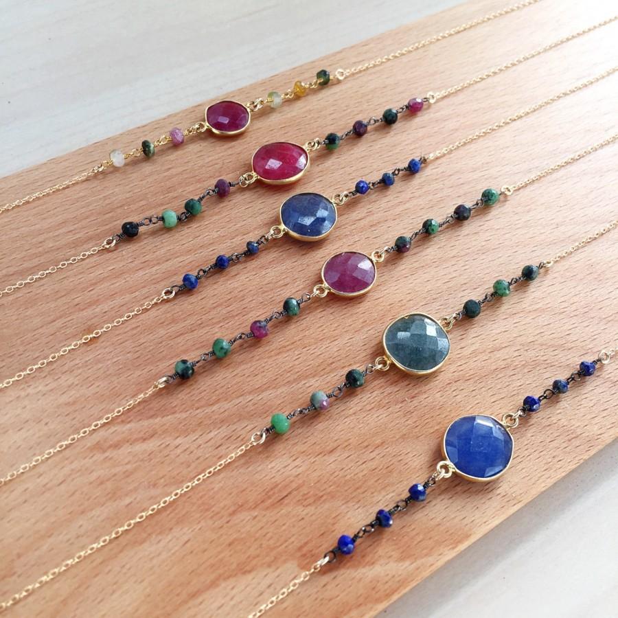 Mariage - Chain Choker , 14 k gold filled necklace ,  sapphire gemstone , hand made jewelry