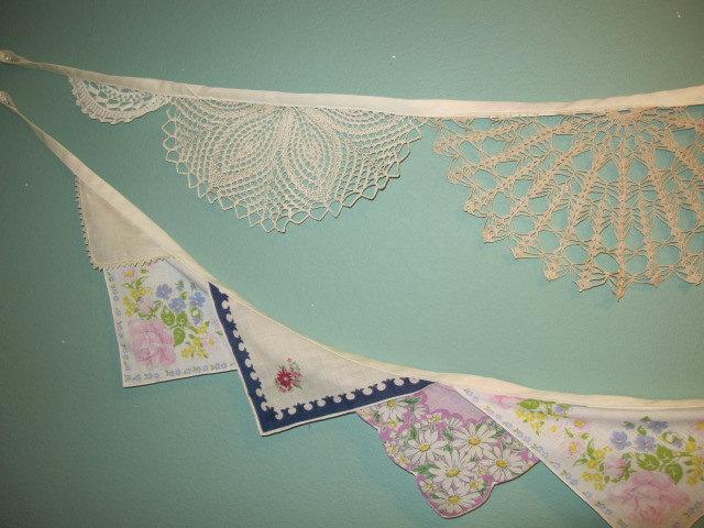Mariage - Vintage Hankie and Doily Bunting Combo  Wedding  Nursery  Shower