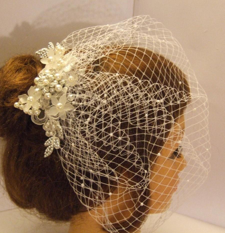 زفاف - Blusher veil birdcage veil with bridal comb  Plain veil , Pearls or  diamonte around edge, Scattered pearls or Scattered Diamonte w Top comb