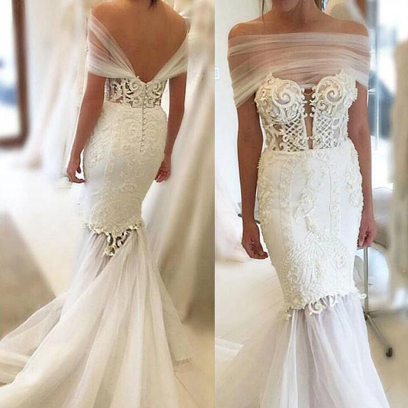 زفاف - Elegant Ivory Off-the-Shoulder Sleeveless Embroidery Backless Mermaid Wedding Dress