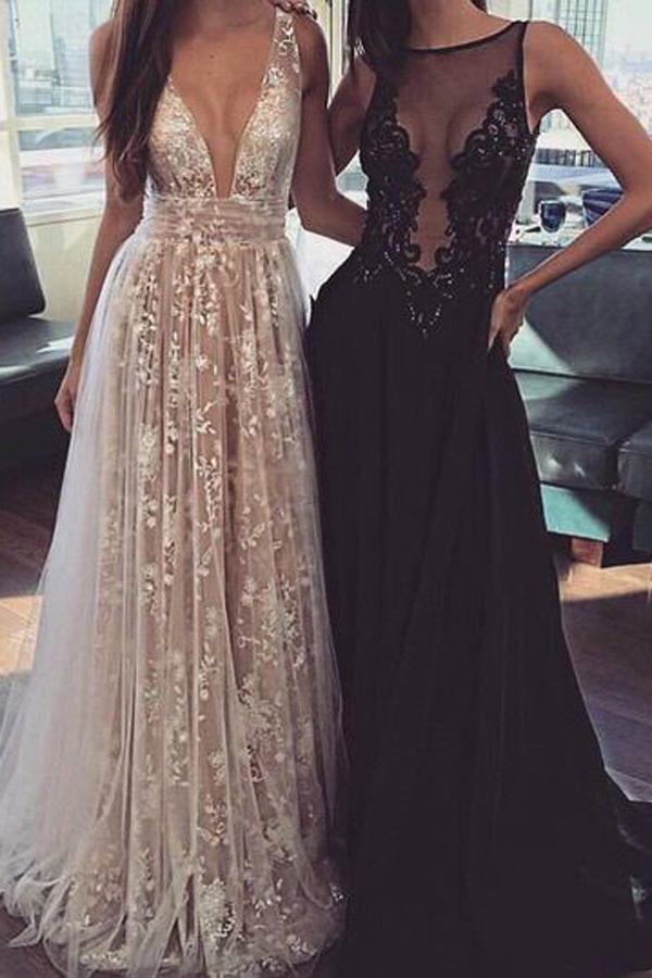 Свадьба - Elegant Champagne A-Line V-Neck Sleeveless Appliques Long Prom Dress