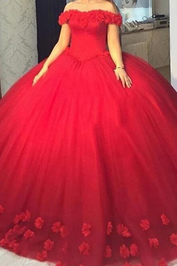 Hochzeit - Stylish Off Shoulder Floor-Length Ball Gown Red Prom Dress with Flowers