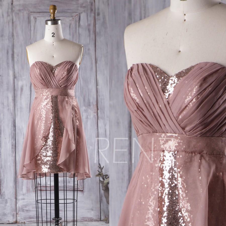 Hochzeit - 2016 Dusty Rose Chiffon Bridesmaid Dress Long, Sweetheart Rose Gold Sequin Wedding Dress, A Line Ruffle Prom Dress Strapless Knee (TQ155)